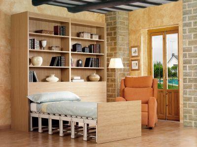 Ein stilvolles Wohnzimmer, ausgestattet mit einem großen Bücherregal und dekorativen Elementen. Zentral im Raum steht ein Schrankbett in Holzoptik, das teilweise ausgezogen ist, neben einem orangefarbenen Sessel. Eine Glastür im Hintergrun