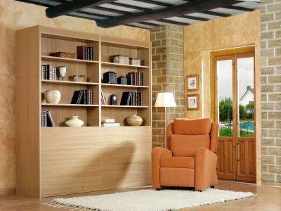 Modernes Wohnzimmer mit großen Regalen voller Bücher und Dekorationen, neben einem gemütlichen orangefarbenen Sessel, über einem weißen Teppich, mit Blick auf eine Glastür, die zum Garten führt.