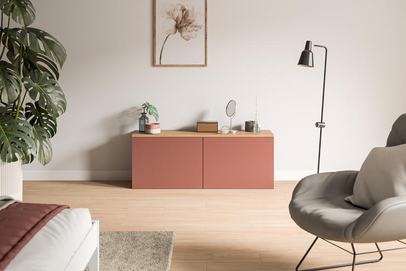 Modernes Interieur mit einer Kommode nach Maß in Terrakottafarbe, akzentuiert durch eine Monstera-Pflanze und stilvolle Deko-Elemente.